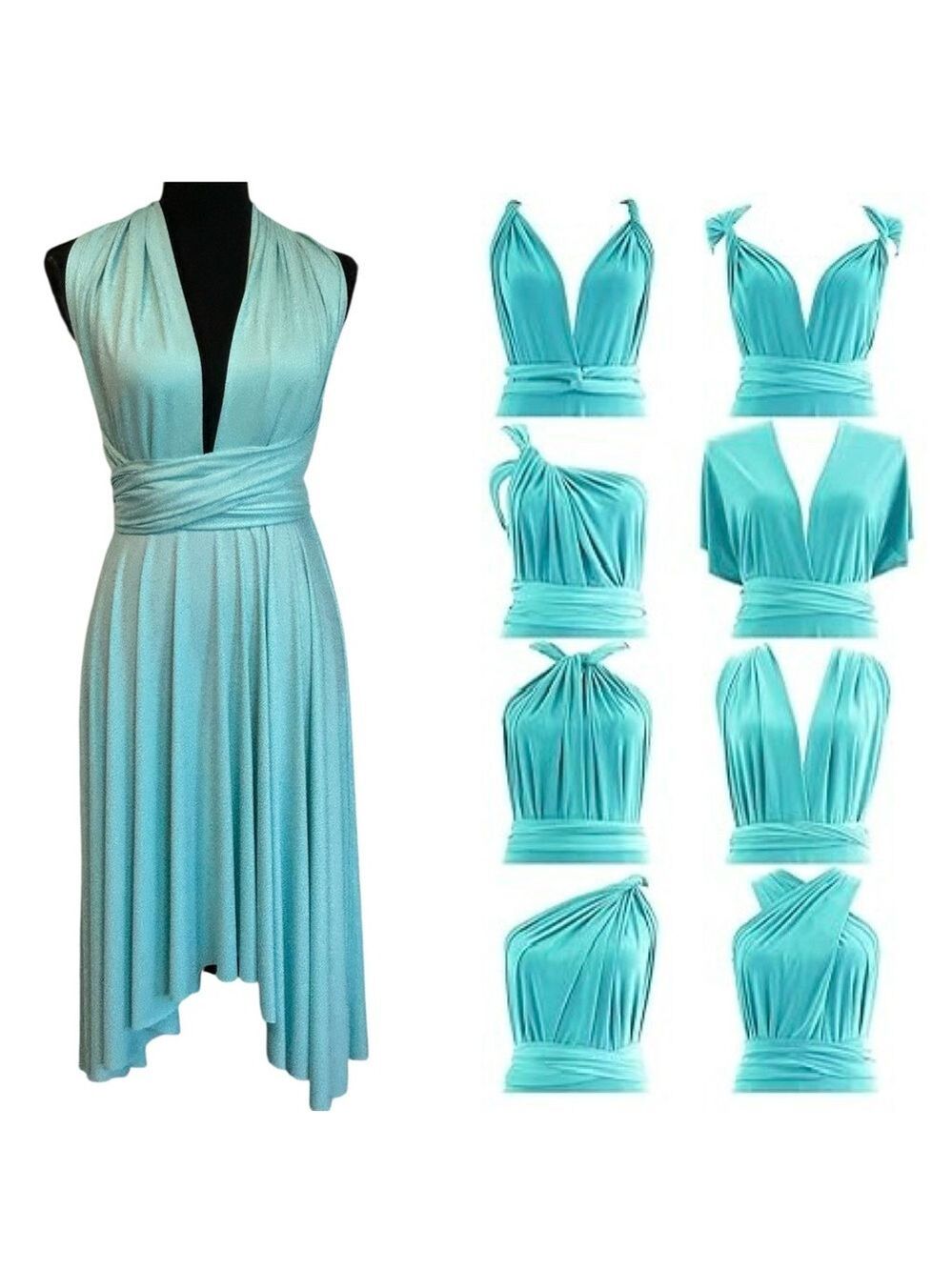Light blue asymmetrical handkerchief hem open back halter infinity dress Sz M